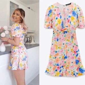 Zara Peach Floral Print Dress with Multicolor Blooms M